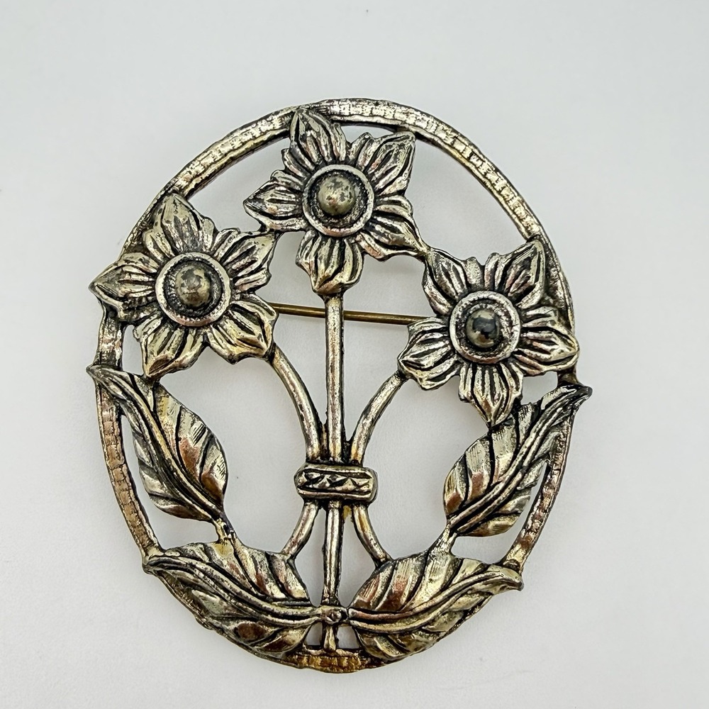 Vintage Pot Metal Floral Brooch Green Art Nouveau Style Large